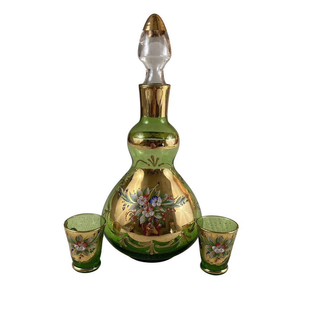 Venetian Italian Decanter Vintage Green and Gold Floral Stopper & 2 Shot Glasses